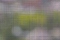The texture of the mosquito net on the window. Insect protection. The grid is in focus, the landscape outside the window is Royalty Free Stock Photo