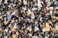 Texture of multicolored broken shells and small pebbles on the beach. Background image Royalty Free Stock Photo