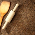 Texture of natural bamboo Weave background with Rolling pin and spade of frying pan