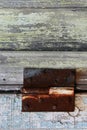 The texture is natural, old, wooden, with a shabby green paint, with a metal, rusty connecting part.