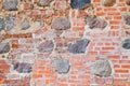 The texture of the old ancient medieval antique stone hard peeling cracked brick wall of rectangular red clay bricks and large Royalty Free Stock Photo