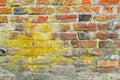 The texture of the old ancient medieval antique sturdy stone peeling scratched wall of rectangular red orange bright brick