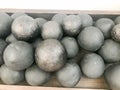 Texture of old antique combat round gray metallic, iron, stone cannon balls, ammunition. The background Royalty Free Stock Photo