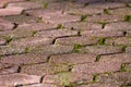 Texture of old dilapidated heavily used washed out stone tiles sidewalk divided by small grain gravel and moss growing between