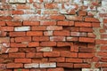 Texture of old dilapidated shabby brickwork of red brick wall foreground closeup Royalty Free Stock Photo