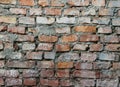 Texture of old dilapidated shabby red brick masonry of red brick wall foreground closeup Royalty Free Stock Photo