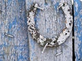 Texture of old iron horseshoe and wooden surface of the gate, in the village Royalty Free Stock Photo