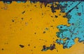 The texture of an old and rusted yellow and blue steel plate is used as a design background Royalty Free Stock Photo
