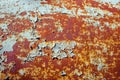 Texture of rusty metal, painted white and partly peeling. Horizontal texture of cracked paint on rusty steel