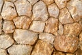 Texture of an old stone yellow wall from uneven different ancient friable stones of different forms with sandy seams with deposits