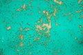 Texture of the old surface of a wooden wall painted with green paint, a layer of paint flakes and falls behind the tree Royalty Free Stock Photo