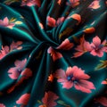 texture, pattern. Silk fabric is dark blue with red flowers. tissue, textile, cloth, fabric, material, texture Generative AI Royalty Free Stock Photo
