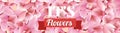 Texture from petals of rose, sakura and lotus on red background. floral wide hanging banner