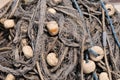 Texture of pile of fishing nets with floats Royalty Free Stock Photo