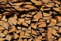 Texture of pine firewood. Chipped firewood is on the heap. Woodpile of firewood close-up. A stack of dry firewood, visible texture