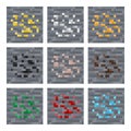 Texture for platformers pixel art vector: stone ore mineral blocks: silver, gold, coal, gem, iron