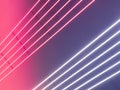 Texture of purple, pink and white glowing bright neon LED multicolored laser abstract stripes and lines from parallel lamps. The