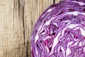 Texture of red cabbage cut in half on wooden table Royalty Free Stock Photo