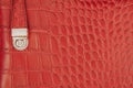 Texture of red handbag from genuine leather with embossed under the skin of reptile with metal lock clasp close up Royalty Free Stock Photo