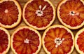 Texture red juicy orange sliced in rounds, macro