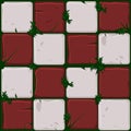 Texture of red stone tiles, seamless background stone wall and grass. Vector illustration for user interface of the game