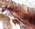 Texture of red vulcanic substracte with white snnow and different geological layers of rock at the glacier of the Chimborazo