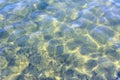 Texture of rippled blue shallow water surface with bright sun light reflections and golden sandy bottom