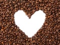 Texture of roasted coffee beans on white isolated background. In the center is the shape of the heart Royalty Free Stock Photo