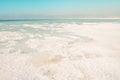 Texture of salt deposits bank on the Dead Sea, Israel, beautiful landscape on a clear day with clear blue sky, jordan mountains