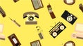 Texture, seamless pattern of old retro hipster electronics, mobile phones, tv recorder, player, audio tape, video recorder, game Royalty Free Stock Photo