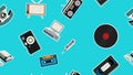 Texture, seamless pattern of old retro hipster electronics stickers, tv recorder mobile phone, player, audio cassette, video Royalty Free Stock Photo