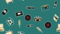 Texture, seamless pattern of old retro hipster electronics stickers, tv recorder mobile phone, player, audio cassette, video Royalty Free Stock Photo