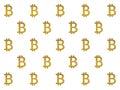 Texture of sign crypto currency of bitcoin on gold background. Symbol BTC.