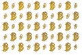 Texture of sign crypto currency of bitcoin on gold background. Symbol BTC.