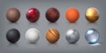 Texture spheres. 3D realistic balls of glass metal plastic rubber materials, decoration elements and templates for