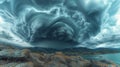 Texture of stormy clouds swirling and blending together over a rocky mountain landscape Royalty Free Stock Photo