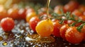 Texture of velvety olive oil drizzled over ripe cherry tomatoes with a slick and smooth coating