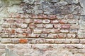 Texture of a very old peeling red brick wall covered with plaster closeup. time breaking background Royalty Free Stock Photo