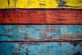 Texture of vintage wooden boards with cracked yellow and blue paint