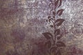 Texture wallpaper background burgundy color with gold. Right up stencil drawing branches with leaves - floral ornament