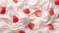 The texture of whipped cream with red strawberry berries is close-up from above. Detailed appetizing background for pastry chef