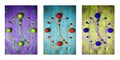 Textured abstract clock face showing 5 on wooden background,clocks icons, triptych in purple,green and blue