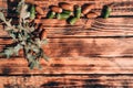 Textured autumn background for lettering and design and lots of empty space on it. Oak leaves and acorns on a wooden table Royalty Free Stock Photo