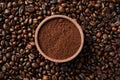 Textured background of coffee beans with bowl of powder