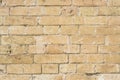 Textured background of a stone brick of yellow antediluvian masonry. Partially destroyed wall. Brick grunge background