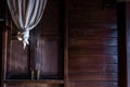 Textured background: Wooden pattern of Window and White lace curtains in traditional thai house Royalty Free Stock Photo