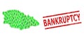 Textured Bankruptcy Watermark and Green People and Dollar Mosaic Map of Gozo Island