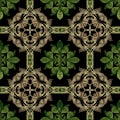 Textured Baroque 3d seamless pattern, Vector grunge background. Modern repeat grungy ornate backdrop. Gold green floral