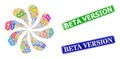 Textured Beta Version Badges and Beta Greek Lowercase Symbol Icon Colorful Twirl Flower Cluster Royalty Free Stock Photo