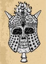 Textured black and white scary illustration of vector skull wearing knight helm with horns